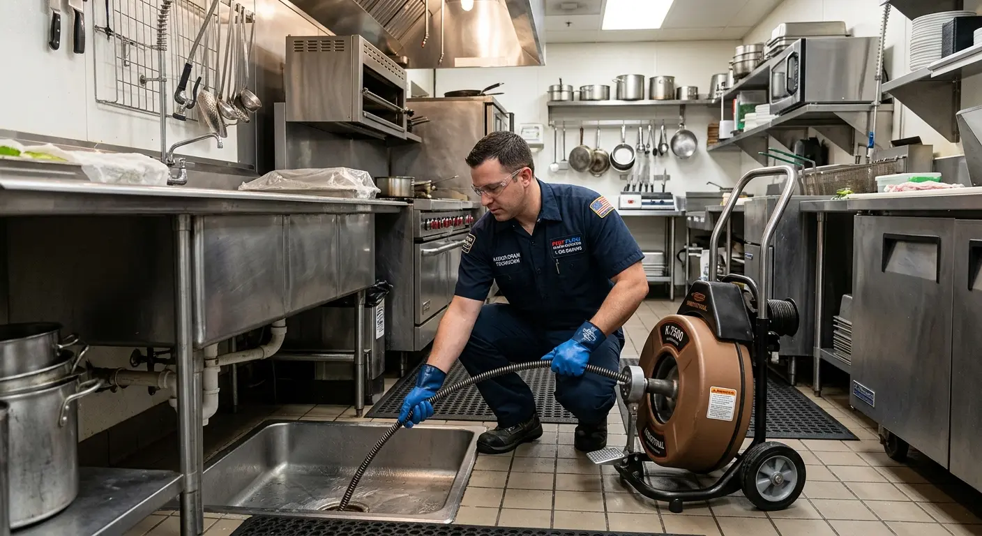 Commercial drain cleaning service in a restaurant kitchen in Mack