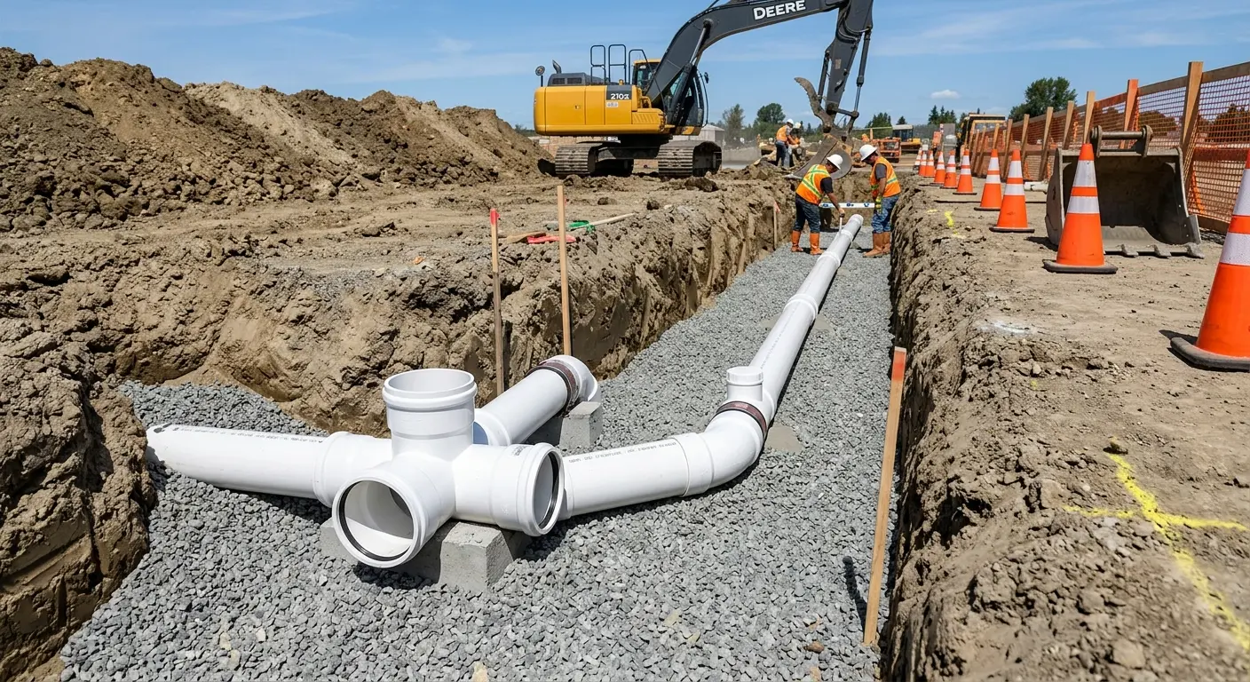 New PVC sewer pipe installation in open trench for Sewer Backup in Mack