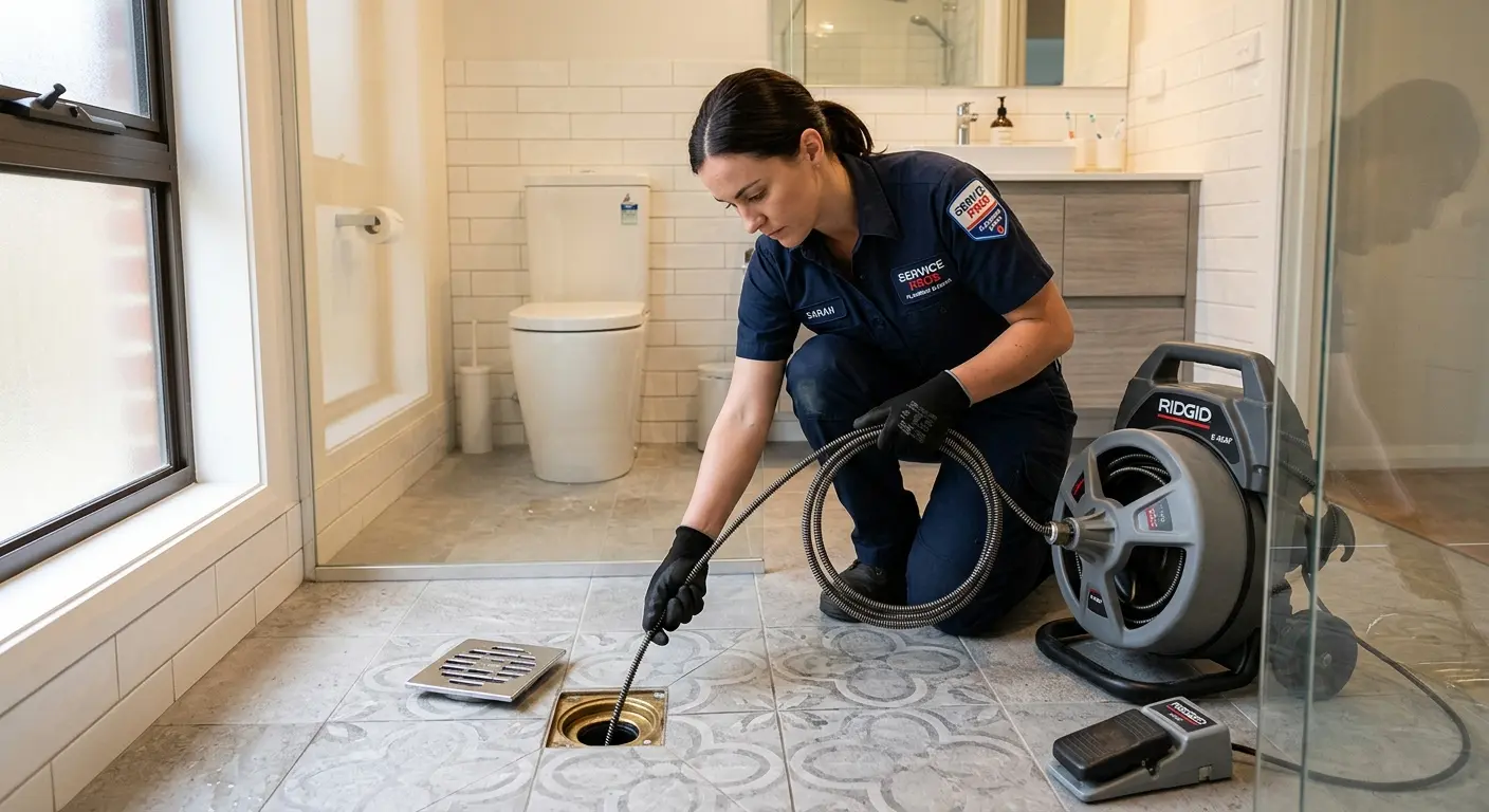 Technician clearing a bathroom floor drain for Sewer Line Replacement in Mack